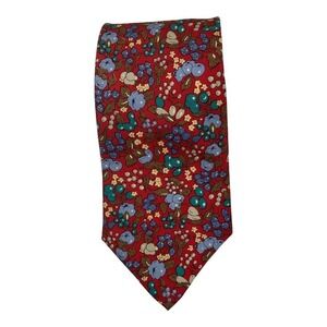 Vintage Burt Pulitzer Red With Blueberry and Fall Floral Print All Silk Neck Tie